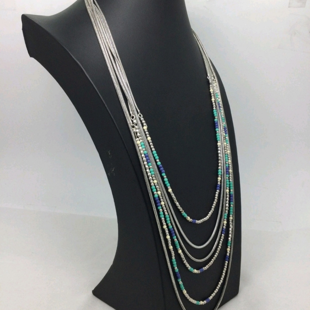 NWT Lucky Brand Blue Teal & White Beaded Multi Strand Necklace 32" - Picture 3 of 5